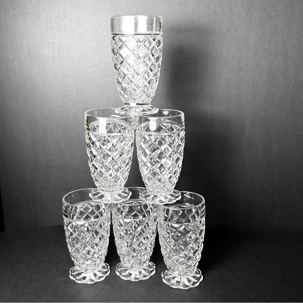 Vintage Anchor Hocking Waterford Waffle clear Glass Footed Goblets Set of 6  MCM